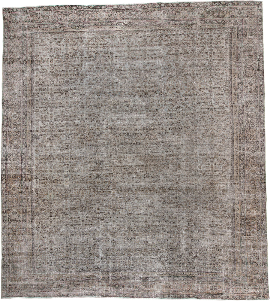 14' x 16' one-of-a-kind handmade antique Mahal oversize rug. Color palette: taupe, ivory, charcoal, brown, gray, beige, sage