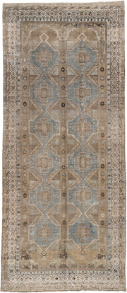 6' x 14' one-of-a-kind handmade antique Kurd large size rug. Color palette: taupe, ivory, blue gray, beige, charcoal, camel
