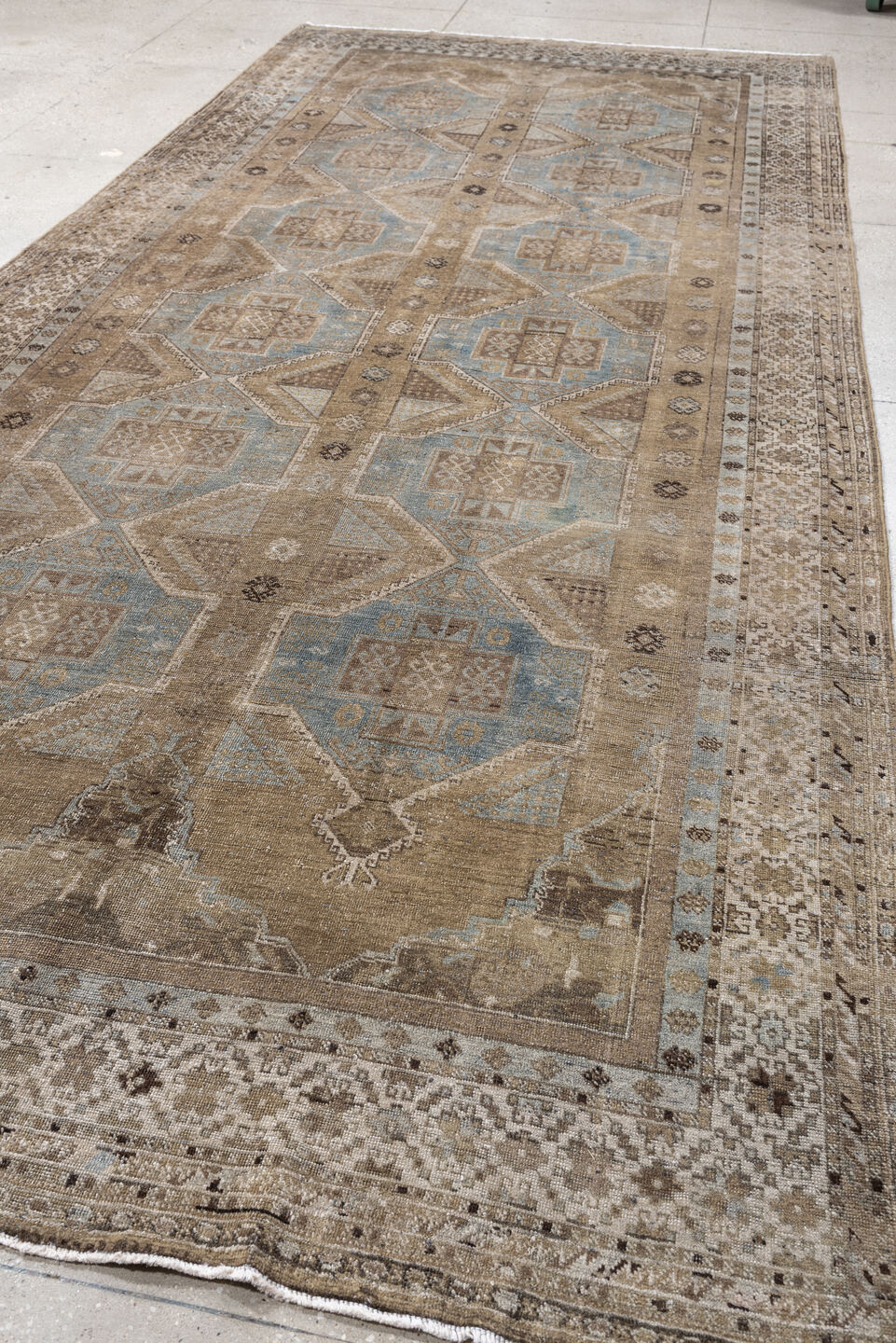 6' x 14' one-of-a-kind handmade antique Kurd large size rug. Color palette: taupe, ivory, blue gray, beige, charcoal, camel