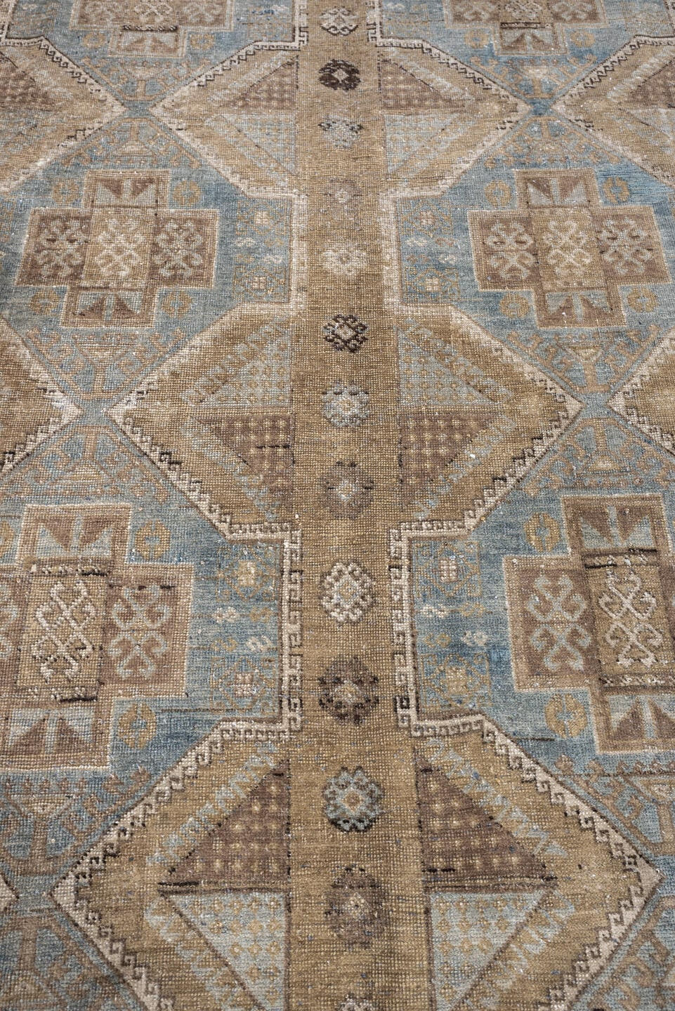 6' x 14' one-of-a-kind handmade antique Kurd large size rug. Color palette: taupe, ivory, blue gray, beige, charcoal, camel