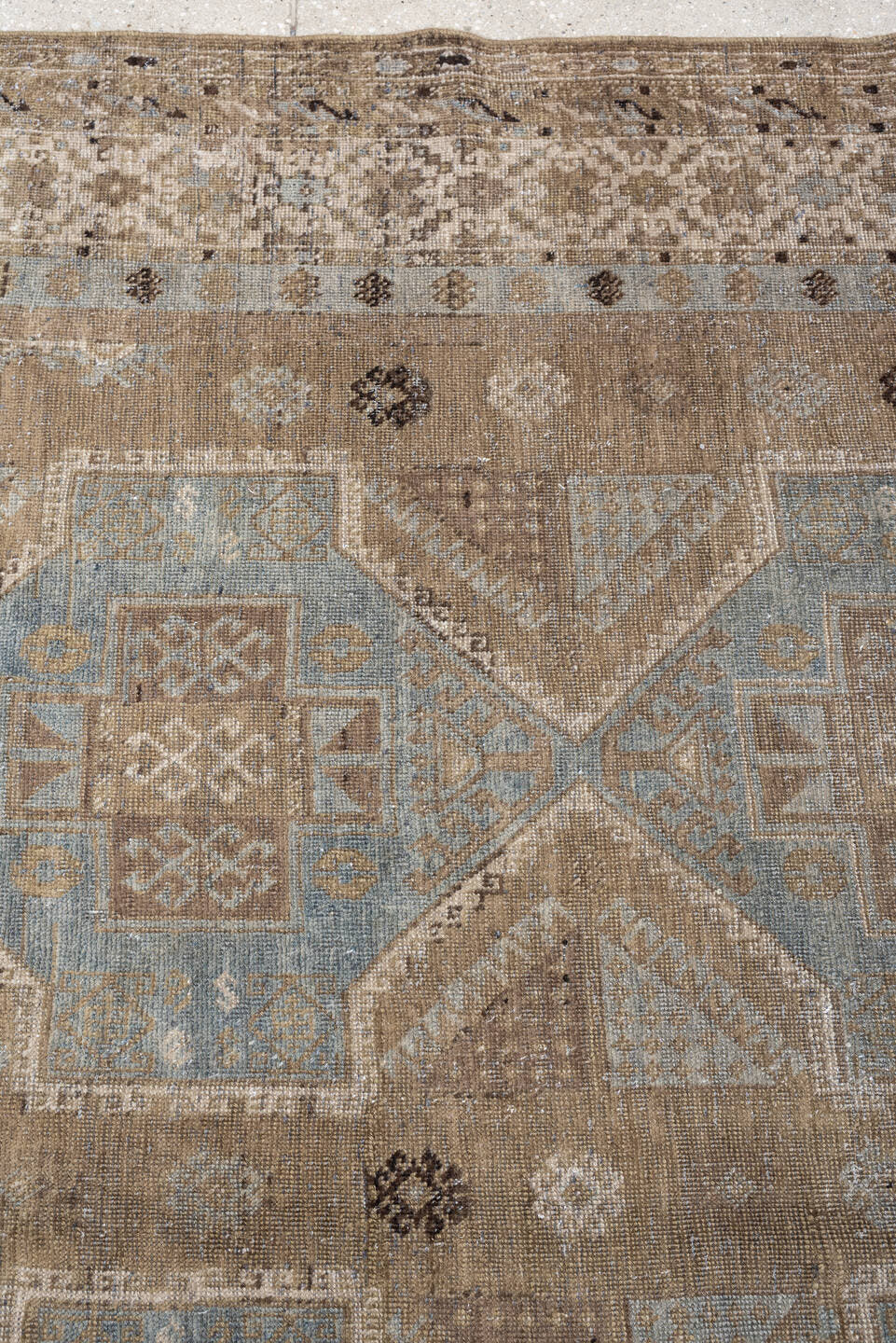 6' x 14' one-of-a-kind handmade antique Kurd large size rug. Color palette: taupe, ivory, blue gray, beige, charcoal, camel