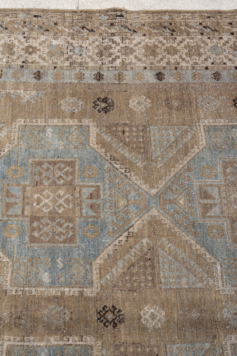 6' x 14' one-of-a-kind handmade antique Kurd large size rug. Color palette: taupe, ivory, blue gray, beige, charcoal, camel