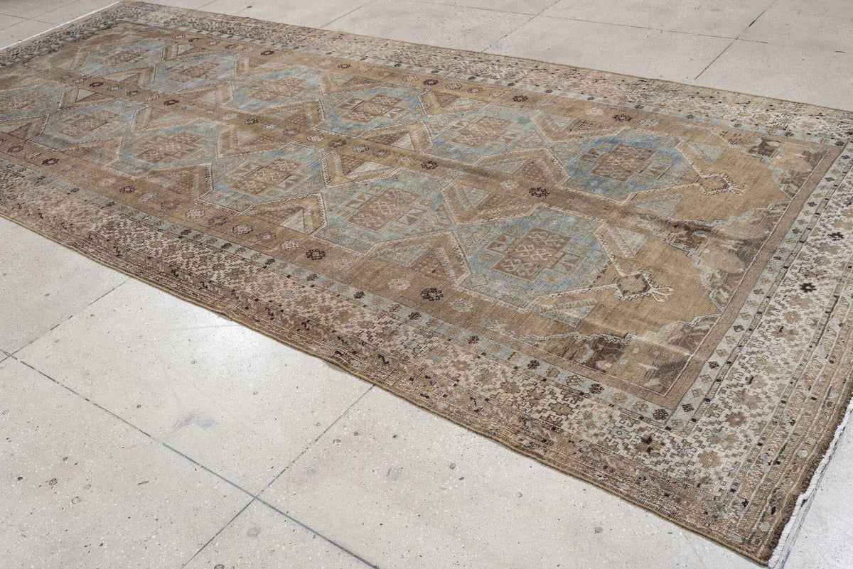 6' x 14' one-of-a-kind handmade antique Kurd large size rug. Color palette: taupe, ivory, blue gray, beige, charcoal, camel