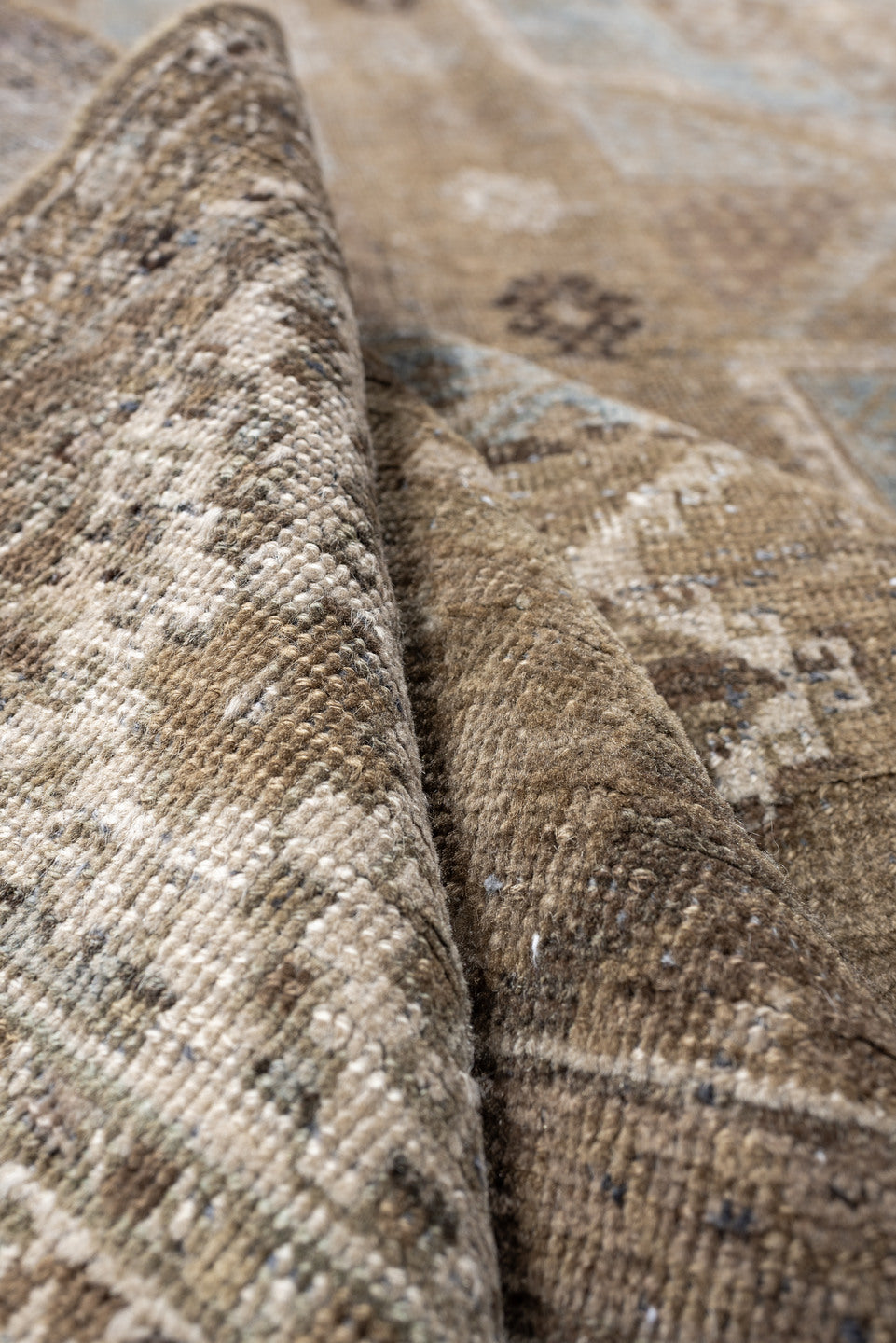 6' x 14' one-of-a-kind handmade antique Kurd large size rug. Color palette: taupe, ivory, blue gray, beige, charcoal, camel