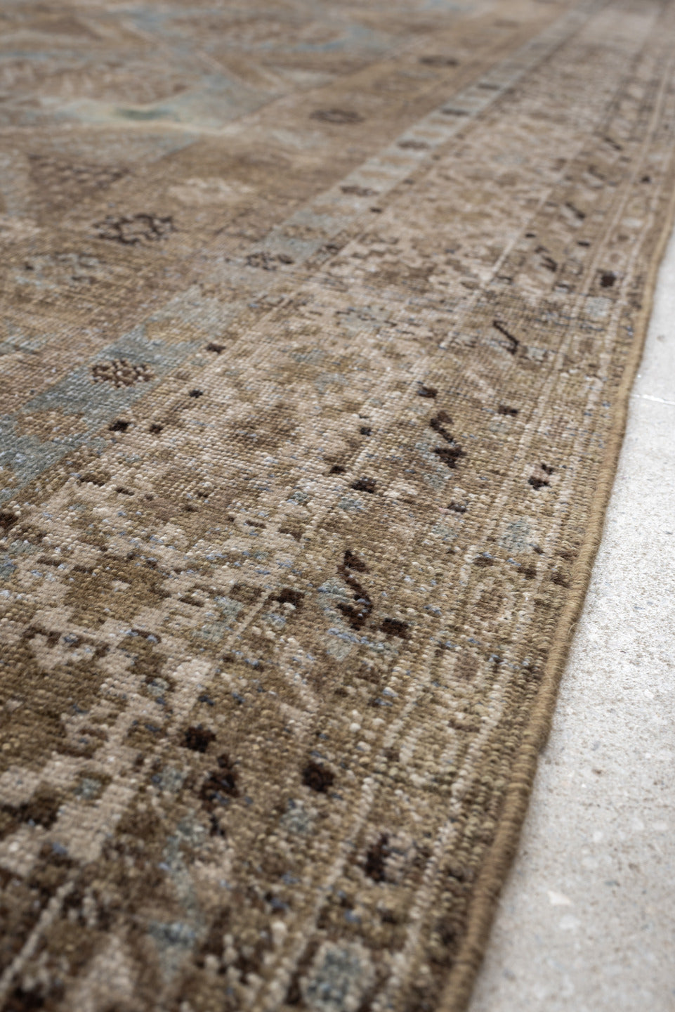 6' x 14' one-of-a-kind handmade antique Kurd large size rug. Color palette: taupe, ivory, blue gray, beige, charcoal, camel