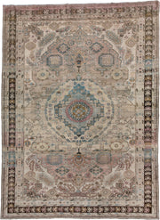 8' x 11' one-of-a-kind handmade antique Ardebil large size rug. Color palette: ivory, camel, dusty teal, rose, charcoal