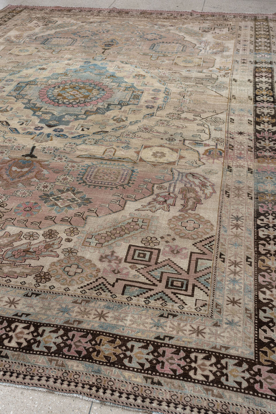 8' x 11' one-of-a-kind handmade antique Ardebil large size rug. Color palette: ivory, camel, dusty teal, rose, charcoal