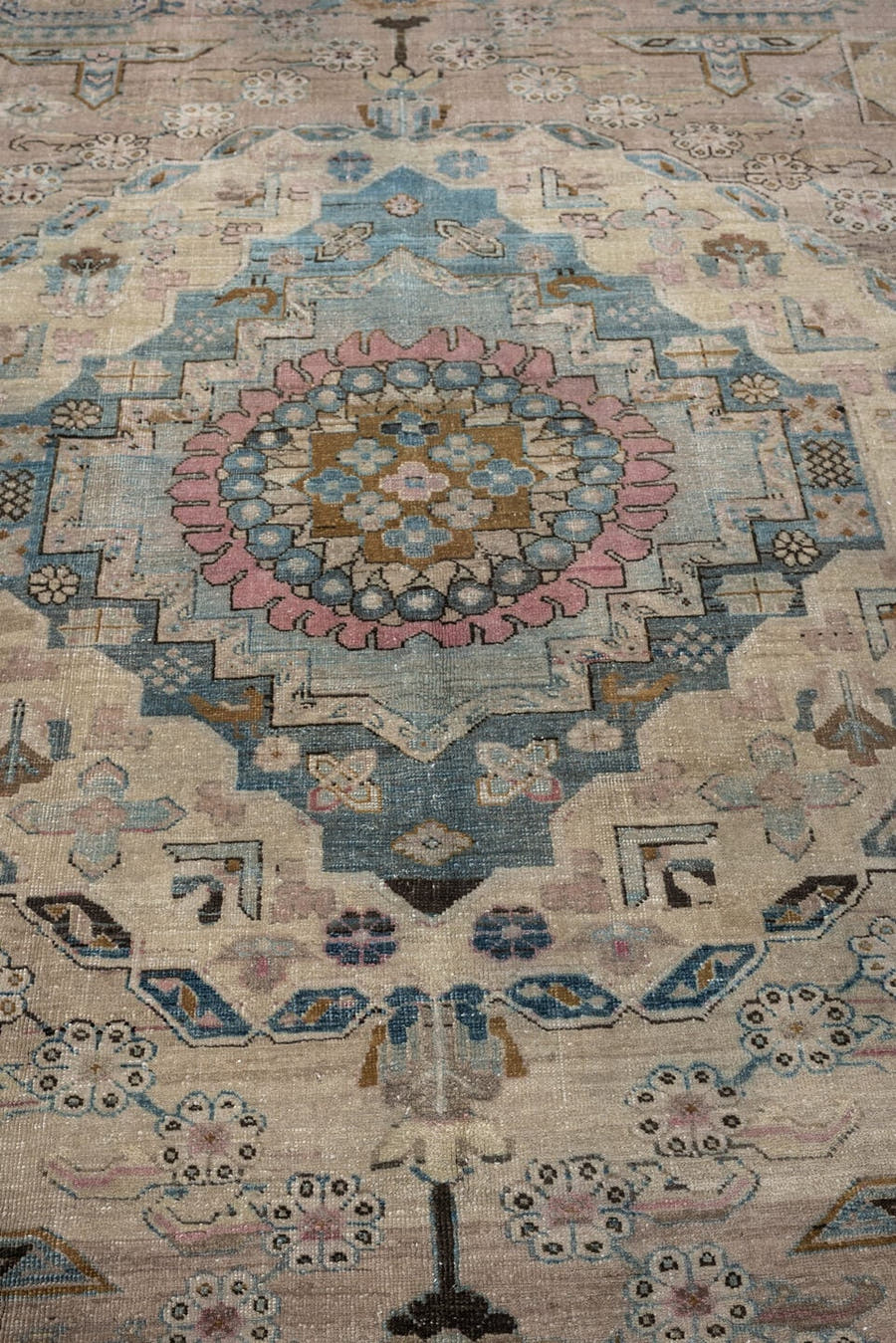 8' x 11' one-of-a-kind handmade antique Ardebil large size rug. Color palette: ivory, camel, dusty teal, rose, charcoal