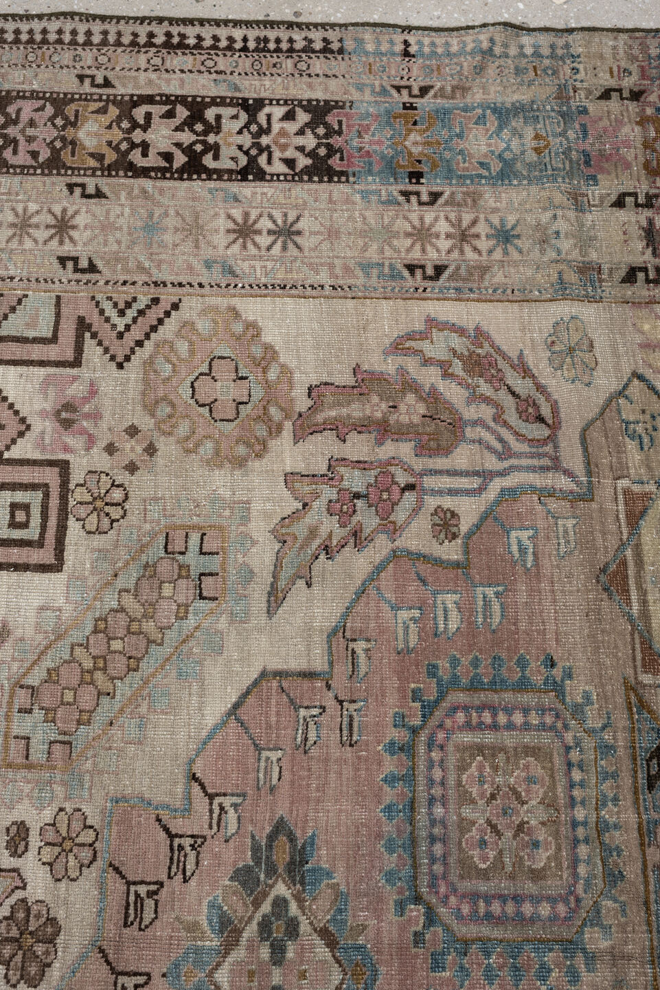 8' x 11' one-of-a-kind handmade antique Ardebil large size rug. Color palette: ivory, camel, dusty teal, rose, charcoal