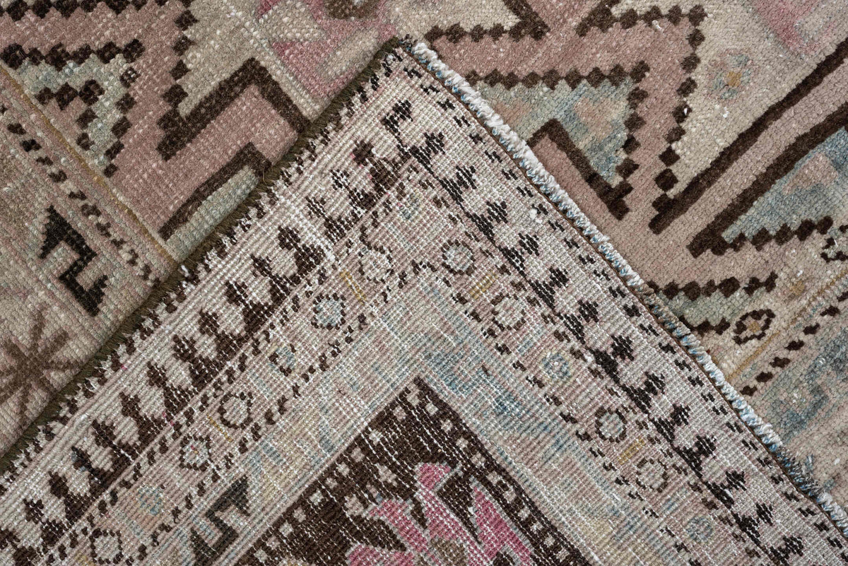 8' x 11' one-of-a-kind handmade antique Ardebil large size rug. Color palette: ivory, camel, dusty teal, rose, charcoal