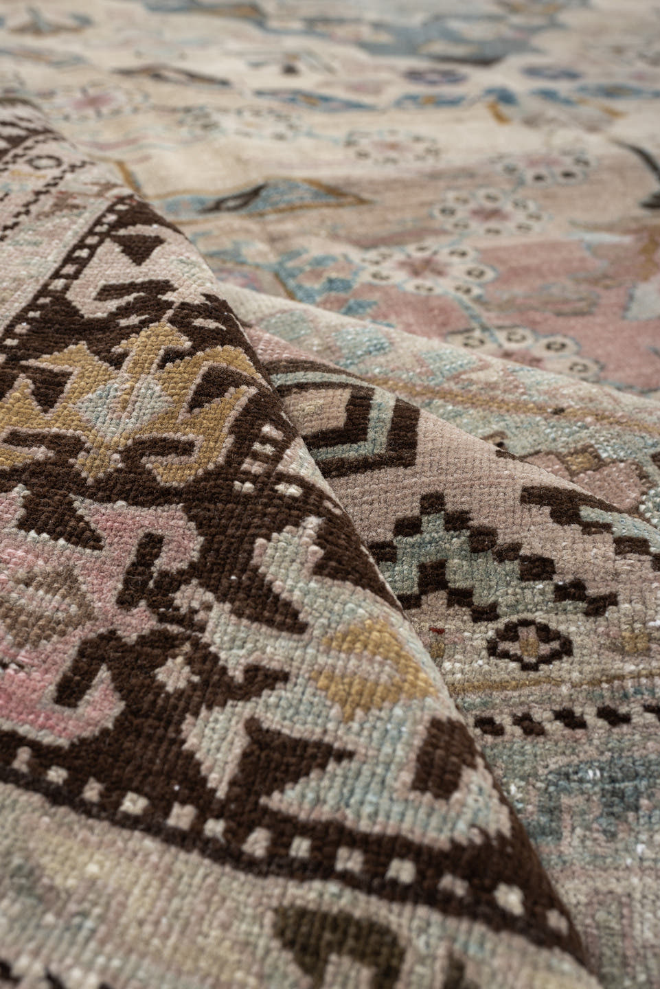 8' x 11' one-of-a-kind handmade antique Ardebil large size rug. Color palette: ivory, camel, dusty teal, rose, charcoal