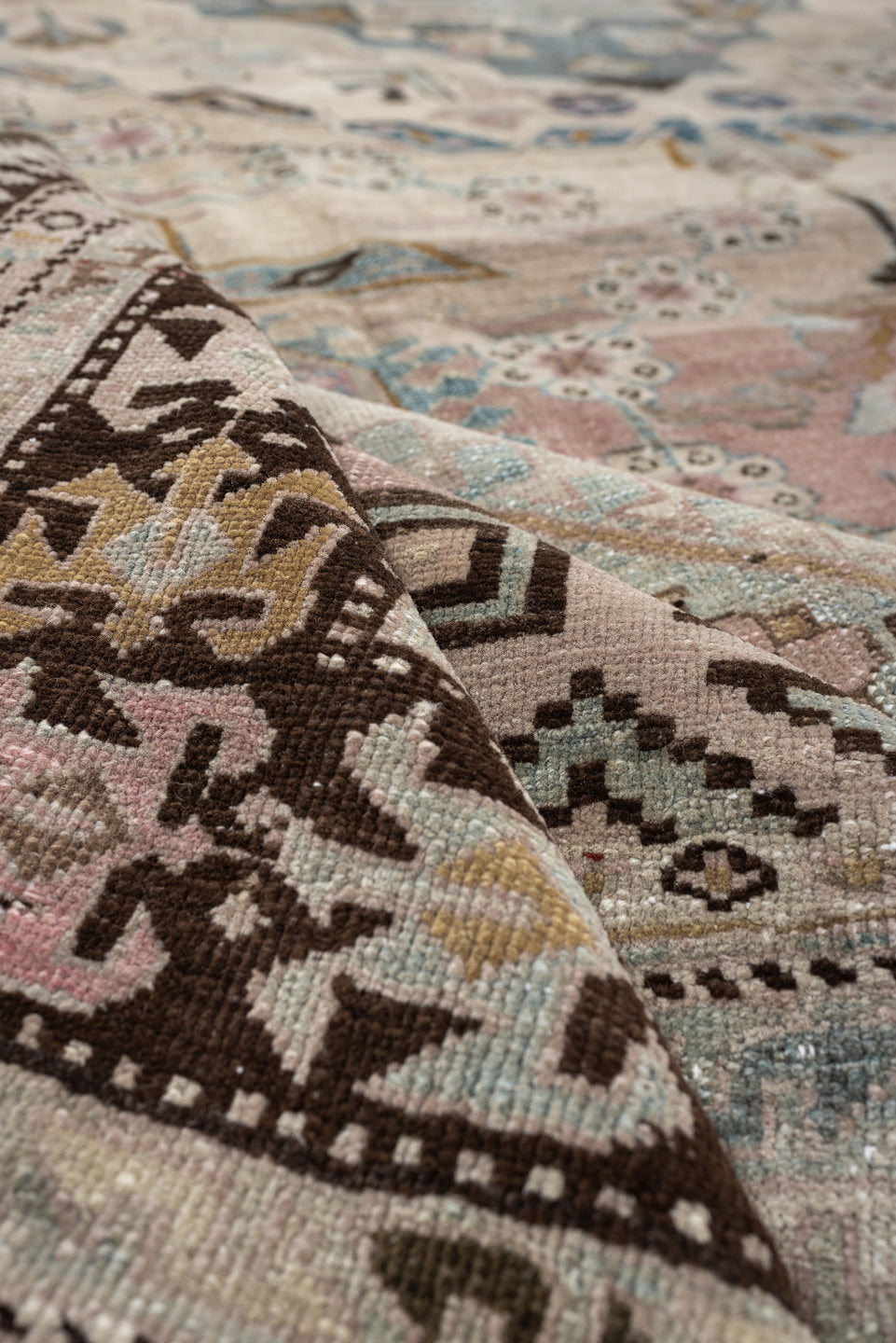 8' x 11' one-of-a-kind handmade antique Ardebil large size rug. Color palette: ivory, camel, dusty teal, rose, charcoal