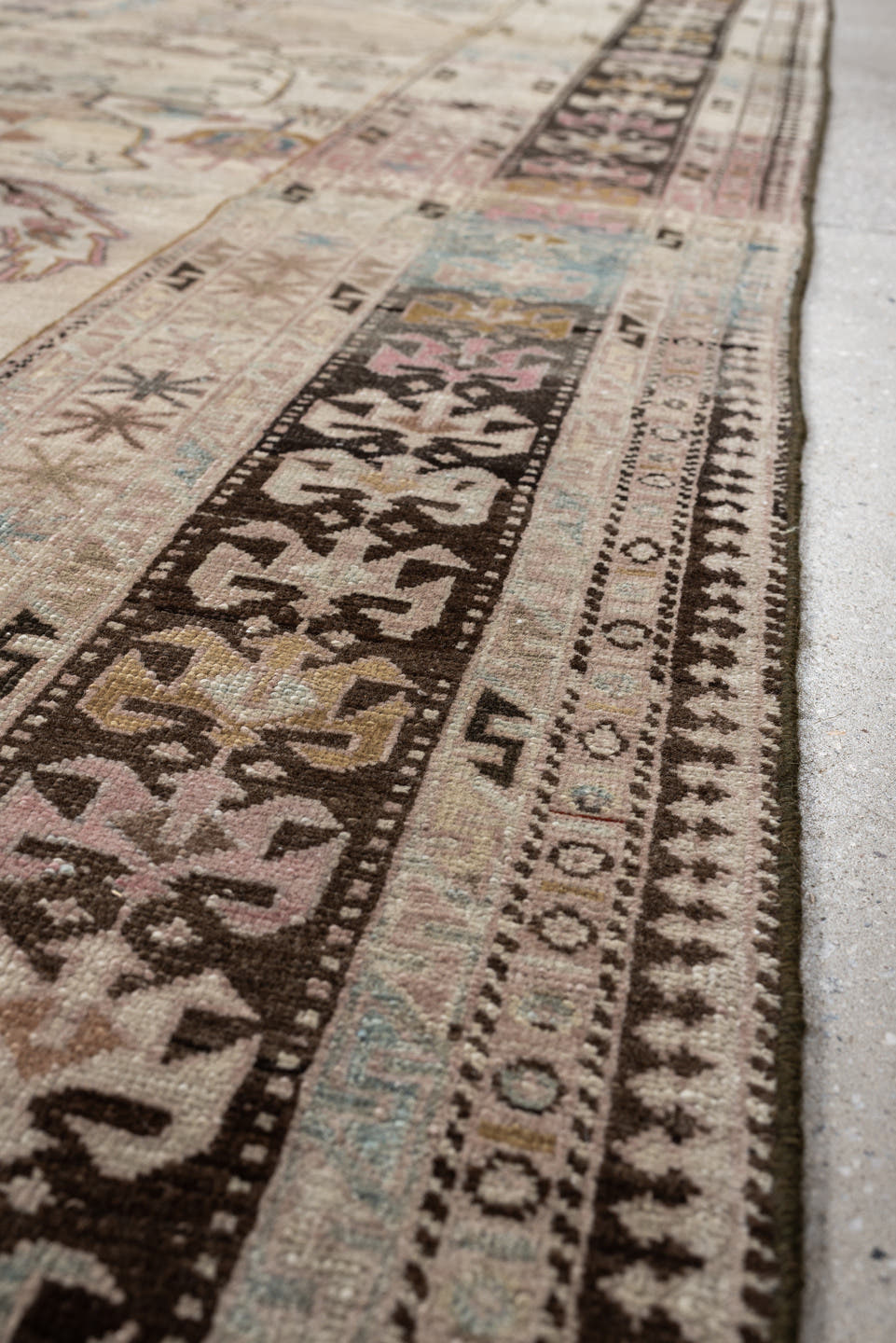 8' x 11' one-of-a-kind handmade antique Ardebil large size rug. Color palette: ivory, camel, dusty teal, rose, charcoal