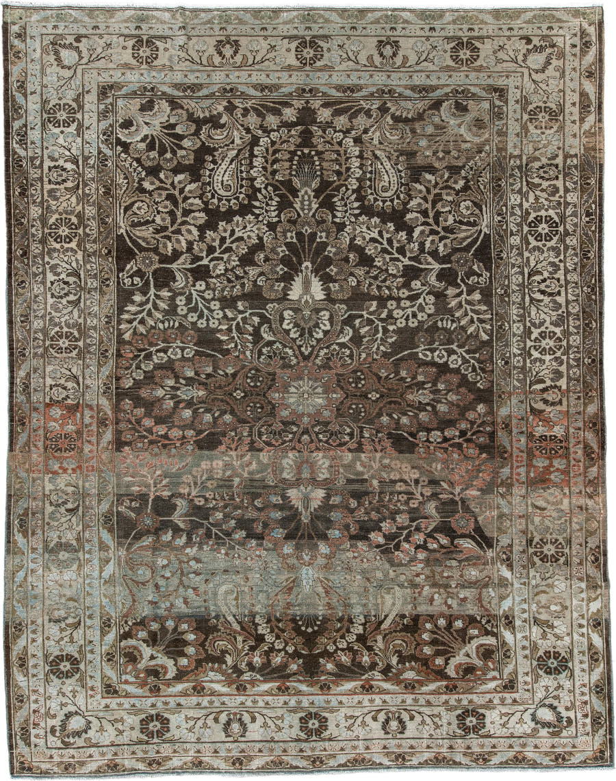 9' x 12' one-of-a-kind handmade antique Lilian large size rug. Color palette: dark brown, ivory, taupe, muted teal