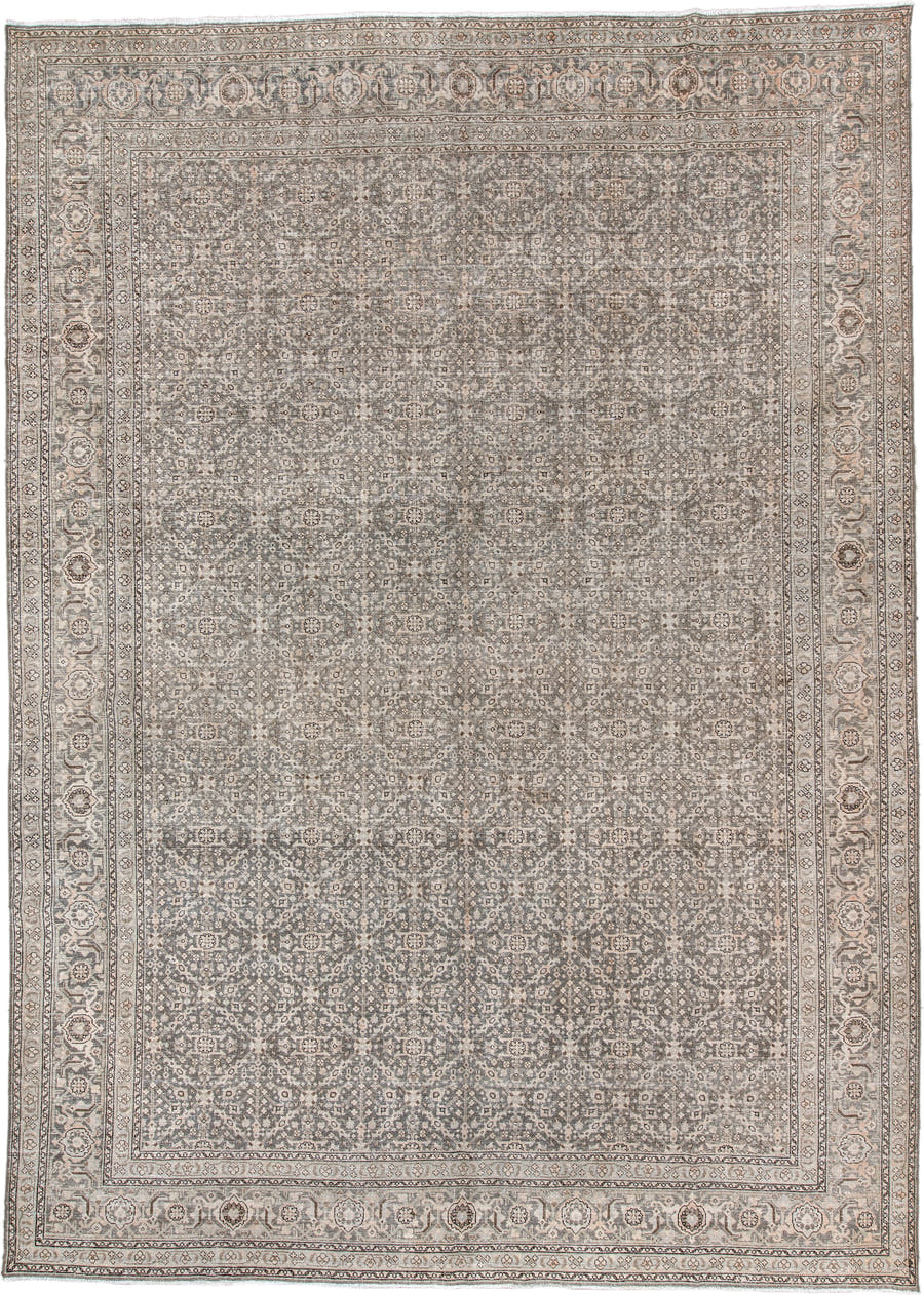 10' x 14' one-of-a-kind handmade antique Tabriz large size rug. Color palette: ivory, taupe, slate, beige, soft rose