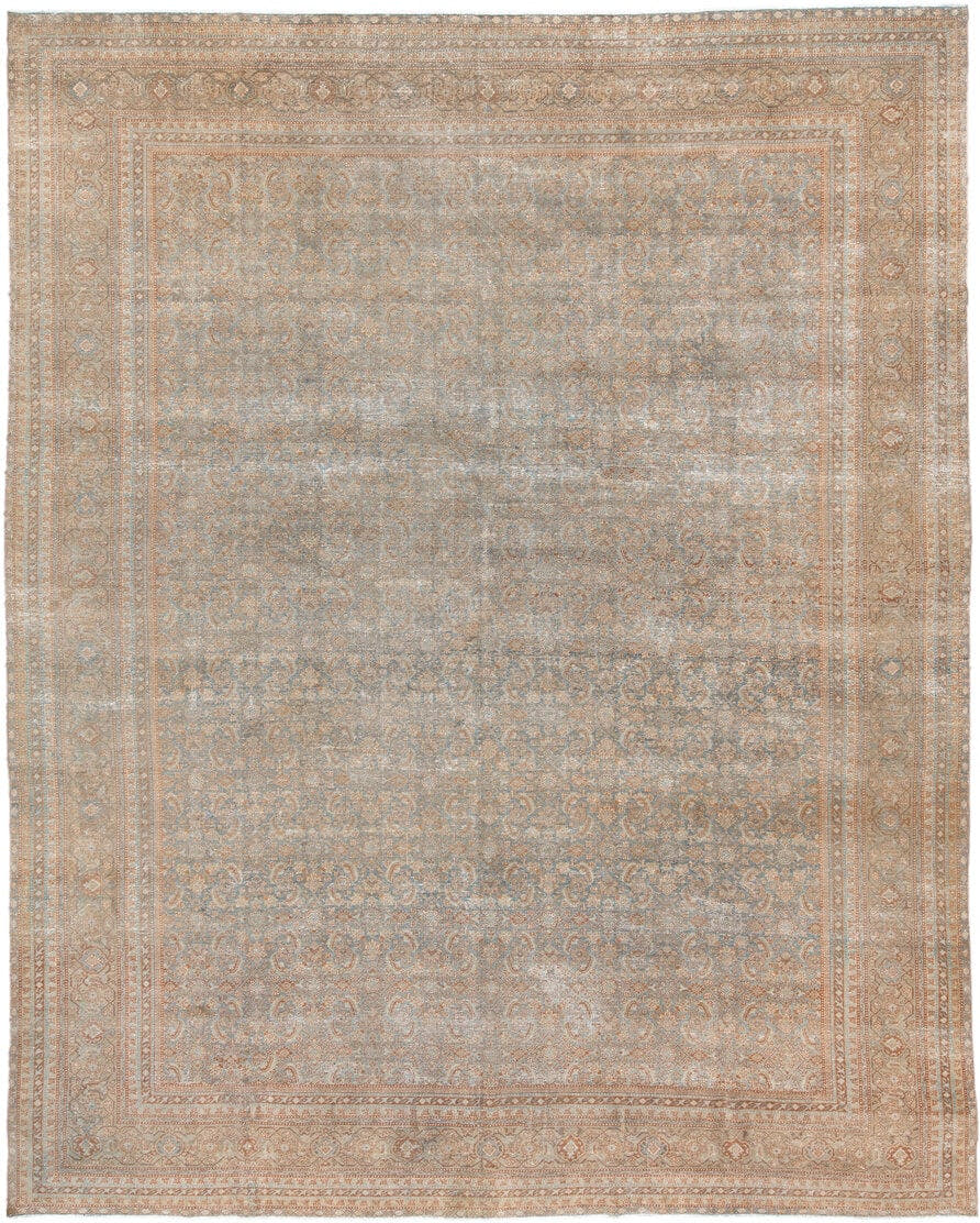 10' x 13' one-of-a-kind handmade antique Tabriz oversize rug. Color palette: ivory, pale blue, terracotta, taupe, sage