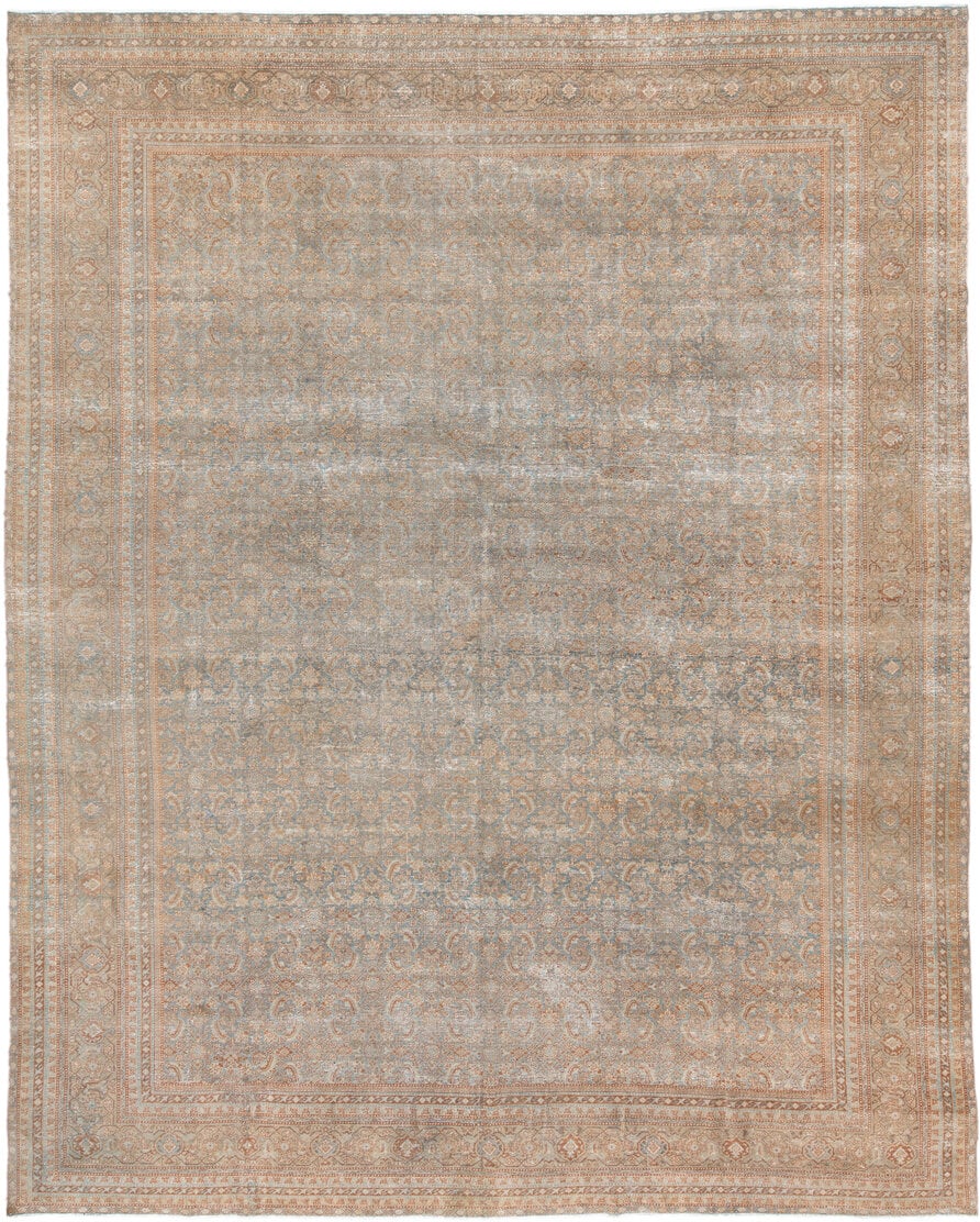 10' x 13' one-of-a-kind handmade antique Tabriz oversize rug. Color palette: ivory, pale blue, terracotta, taupe, sage