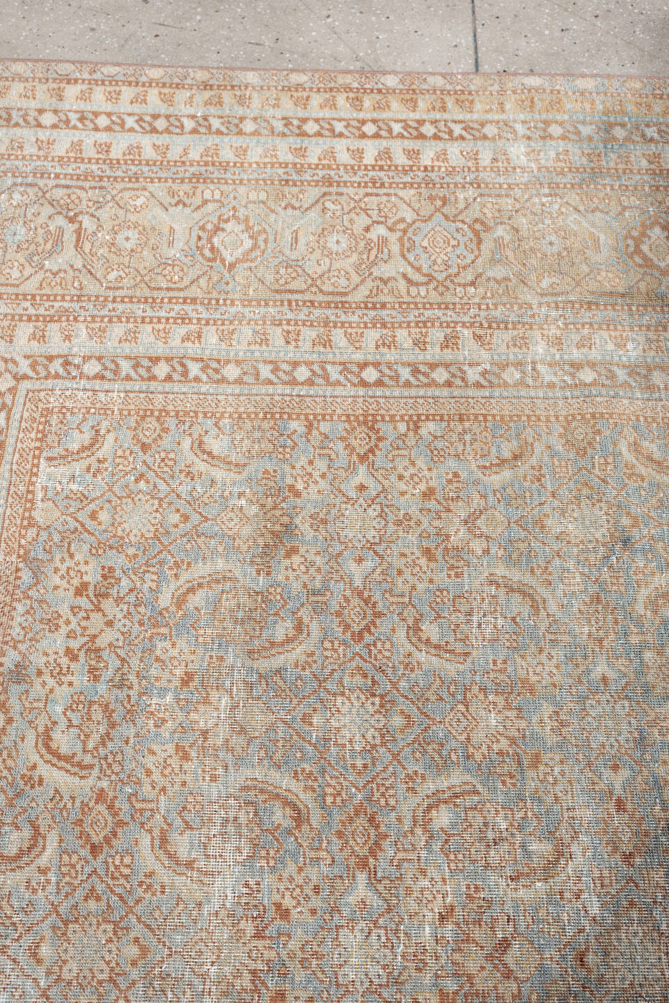 10' x 13' one-of-a-kind handmade antique Tabriz oversize rug. Color palette: ivory, pale blue, terracotta, taupe, sage