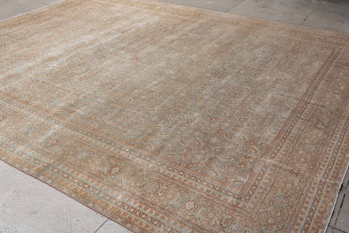 10' x 13' one-of-a-kind handmade antique Tabriz oversize rug. Color palette: ivory, pale blue, terracotta, taupe, sage