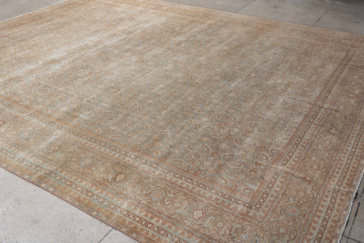 10' x 13' one-of-a-kind handmade antique Tabriz oversize rug. Color palette: ivory, pale blue, terracotta, taupe, sage