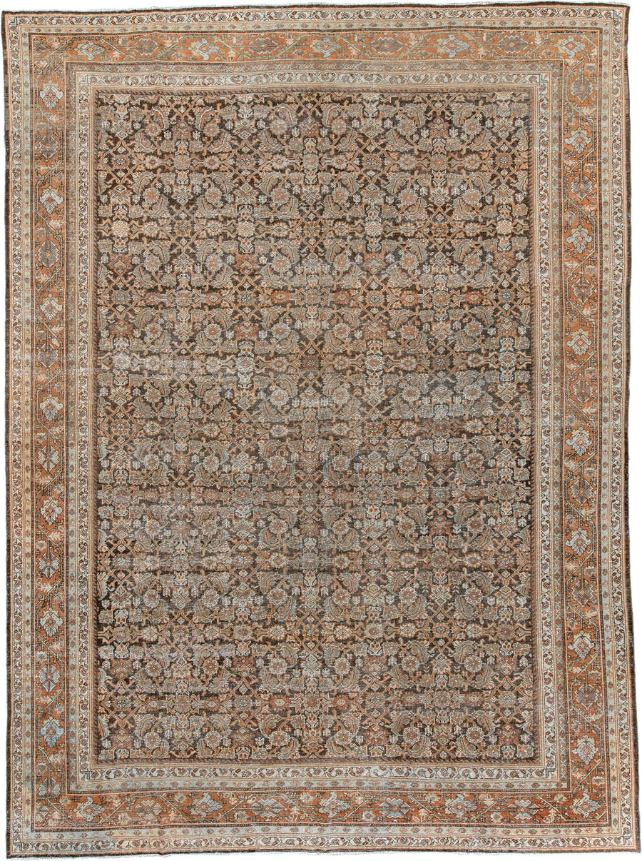 10' x 13' one-of-a-kind handmade antique Mahal large size rug. Color palette: charcoal, terracotta, ivory, taupe, pale blue