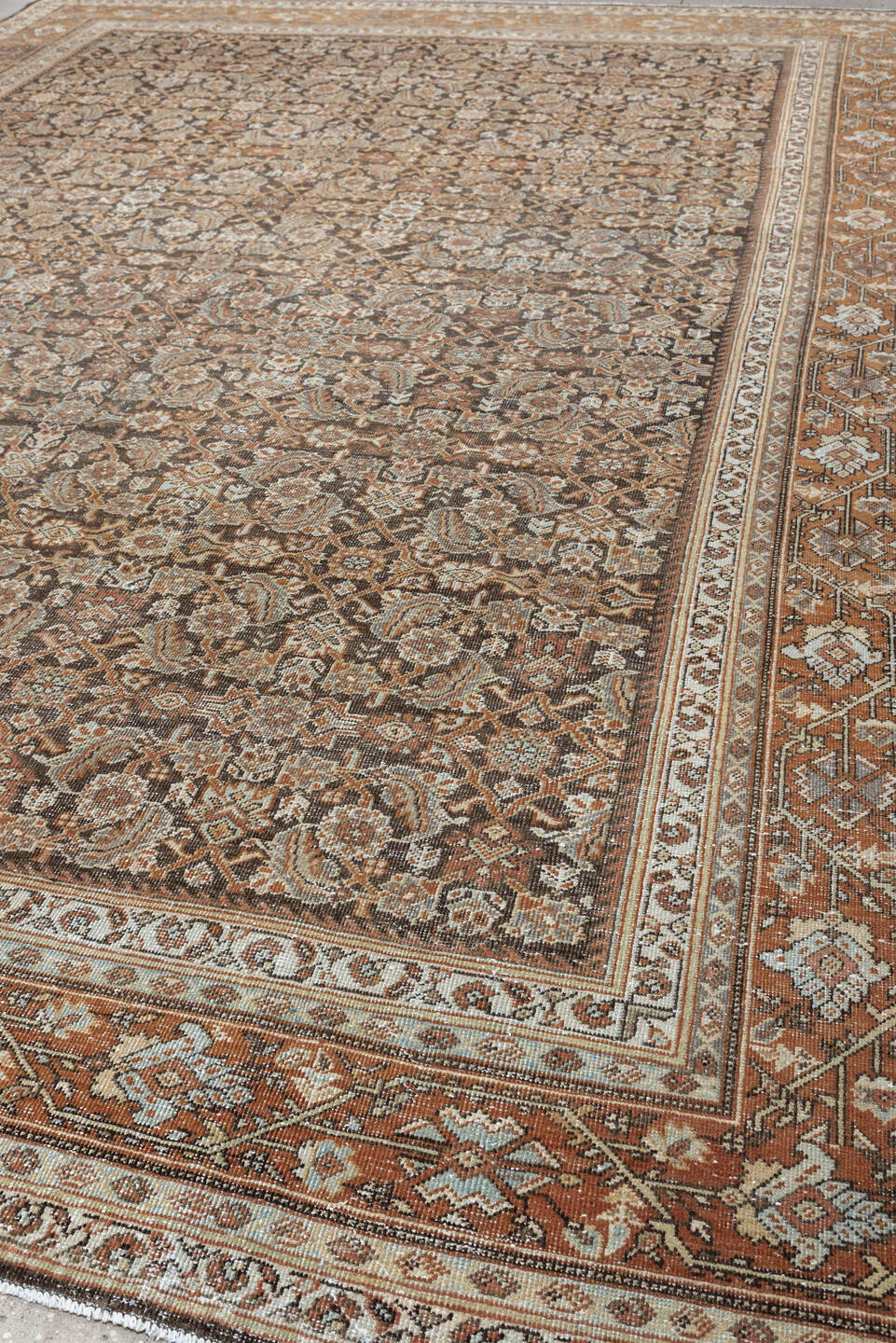 10' x 13' one-of-a-kind handmade antique Mahal large size rug. Color palette: charcoal, terracotta, ivory, taupe, pale blue