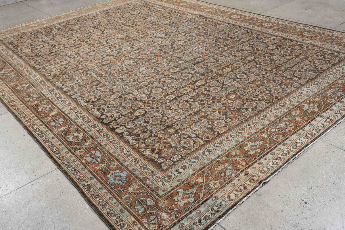 10' x 13' one-of-a-kind handmade antique Mahal large size rug. Color palette: charcoal, terracotta, ivory, taupe, pale blue