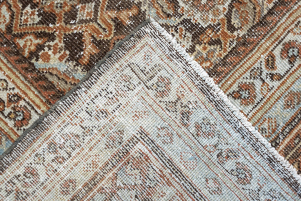 10' x 13' one-of-a-kind handmade antique Mahal large size rug. Color palette: charcoal, terracotta, ivory, taupe, pale blue
