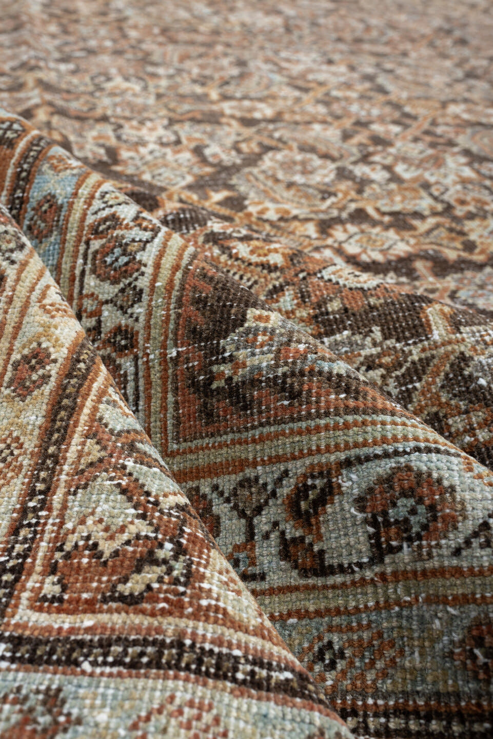10' x 13' one-of-a-kind handmade antique Mahal large size rug. Color palette: charcoal, terracotta, ivory, taupe, pale blue
