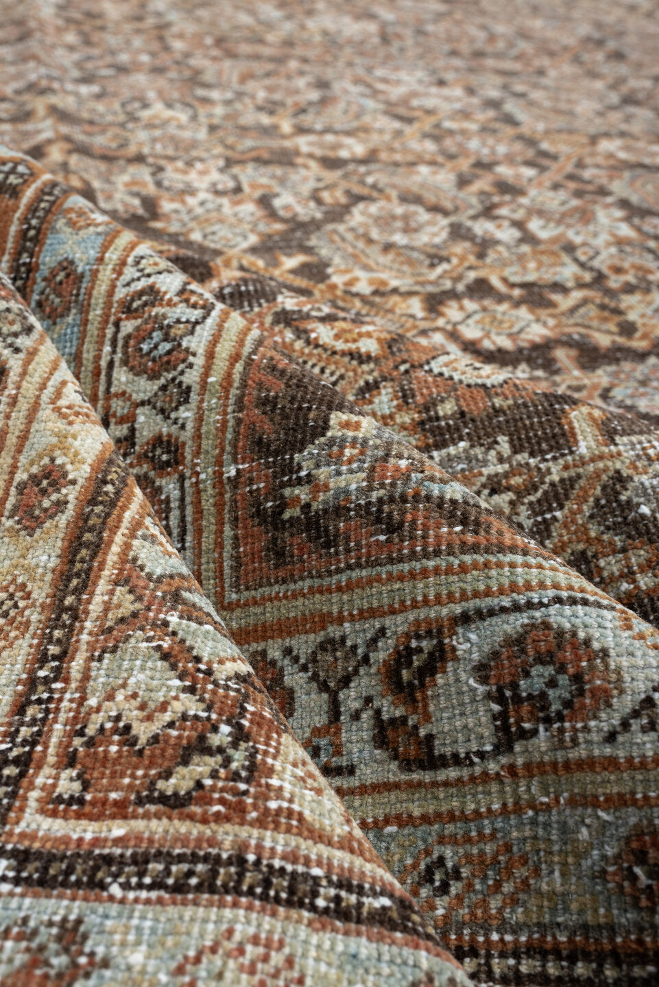 10' x 13' one-of-a-kind handmade antique Mahal large size rug. Color palette: charcoal, terracotta, ivory, taupe, pale blue