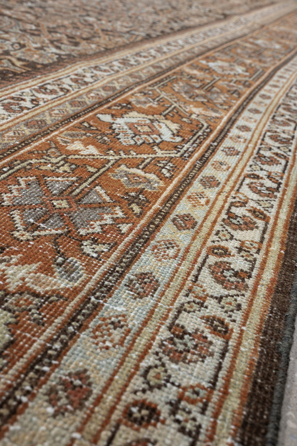 10' x 13' one-of-a-kind handmade antique Mahal large size rug. Color palette: charcoal, terracotta, ivory, taupe, pale blue