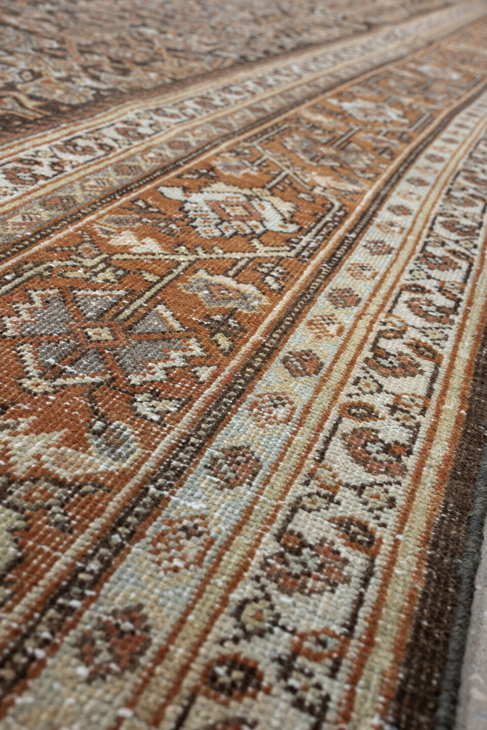 10' x 13' one-of-a-kind handmade antique Mahal large size rug. Color palette: charcoal, terracotta, ivory, taupe, pale blue