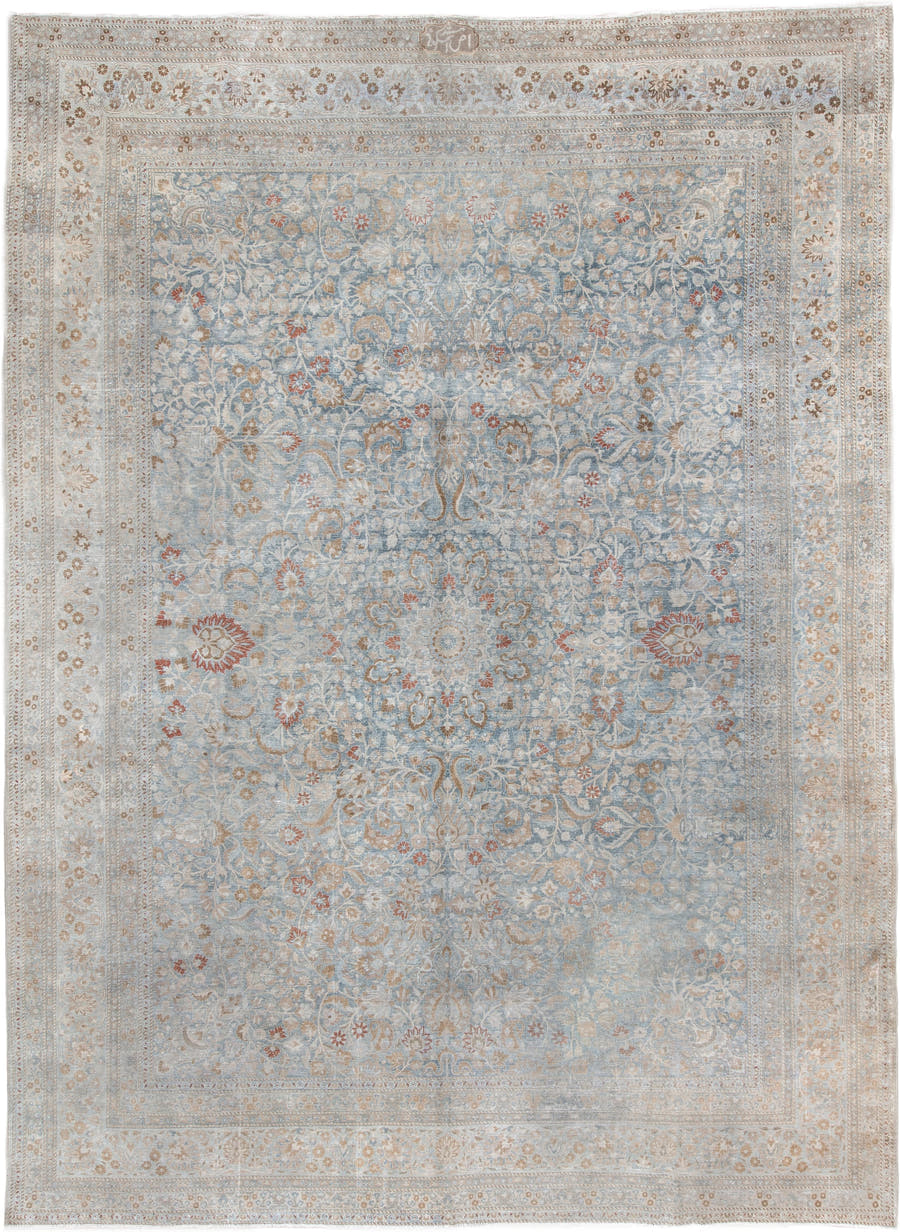10' x 13' one-of-a-kind handmade antique Meshed large size rug. Color palette: powder blue, ivory, taupe, terracotta