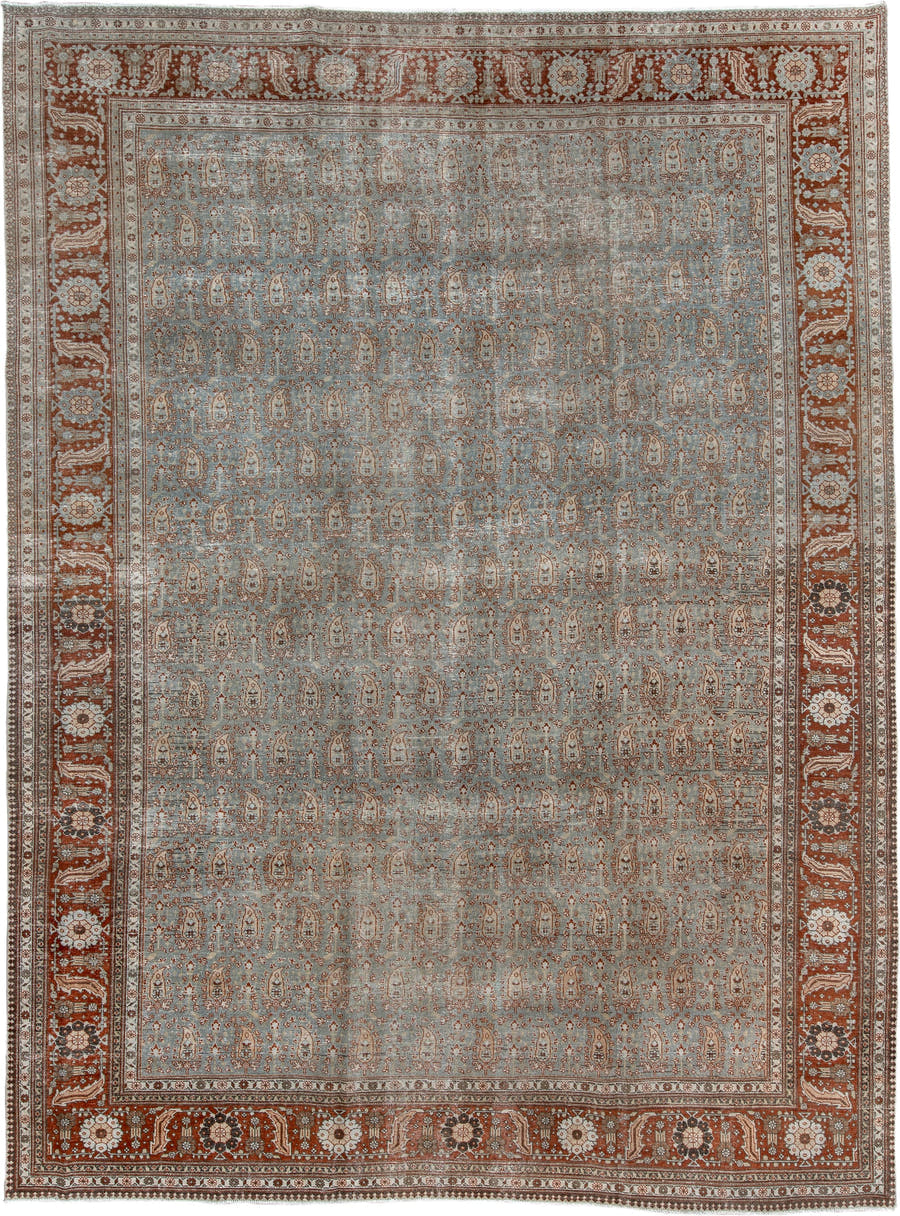 8' x 11' one-of-a-kind handmade antique Tabriz large size rug. Color palette: blue gray, rust, ivory, taupe, charcoal, sage