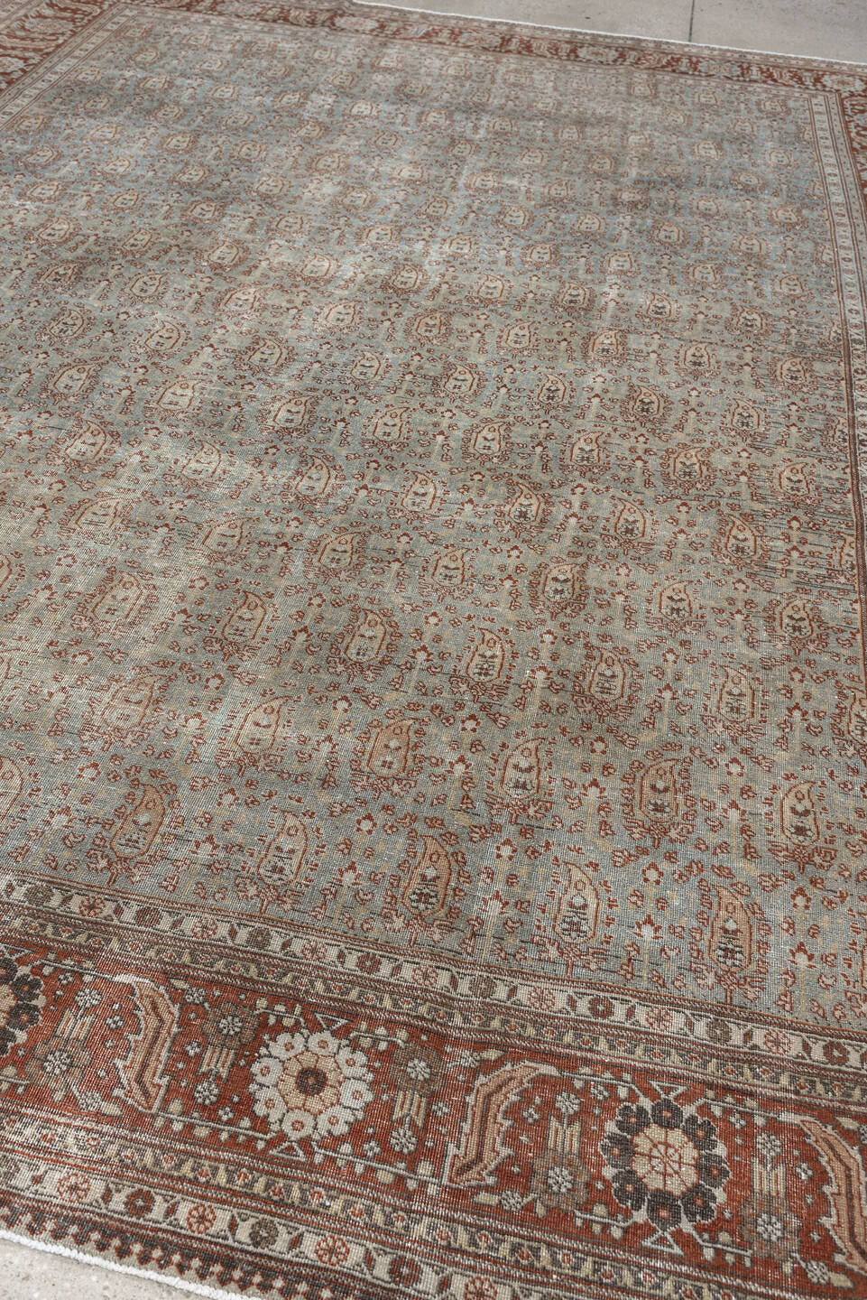 8' x 11' one-of-a-kind handmade antique Tabriz large size rug. Color palette: blue gray, rust, ivory, taupe, charcoal, sage