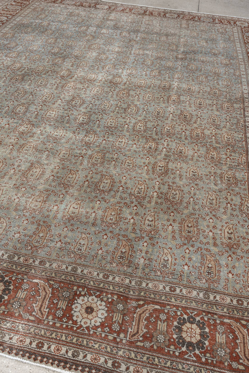 8' x 11' one-of-a-kind handmade antique Tabriz large size rug. Color palette: blue gray, rust, ivory, taupe, charcoal, sage