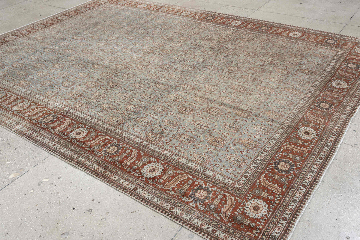 8' x 11' one-of-a-kind handmade antique Tabriz large size rug. Color palette: blue gray, rust, ivory, taupe, charcoal, sage