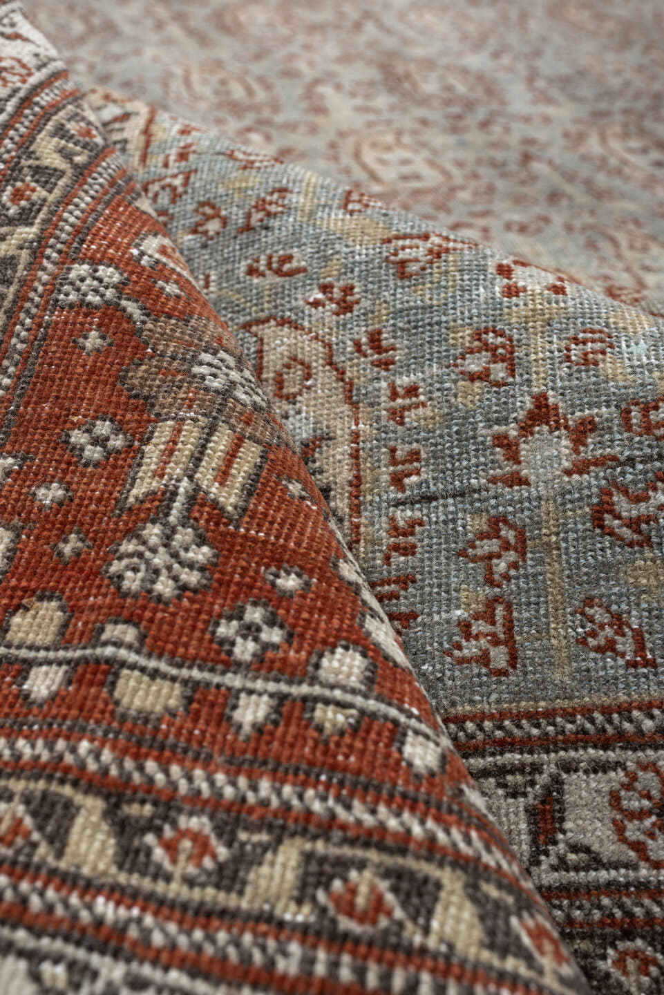 8' x 11' one-of-a-kind handmade antique Tabriz large size rug. Color palette: blue gray, rust, ivory, taupe, charcoal, sage