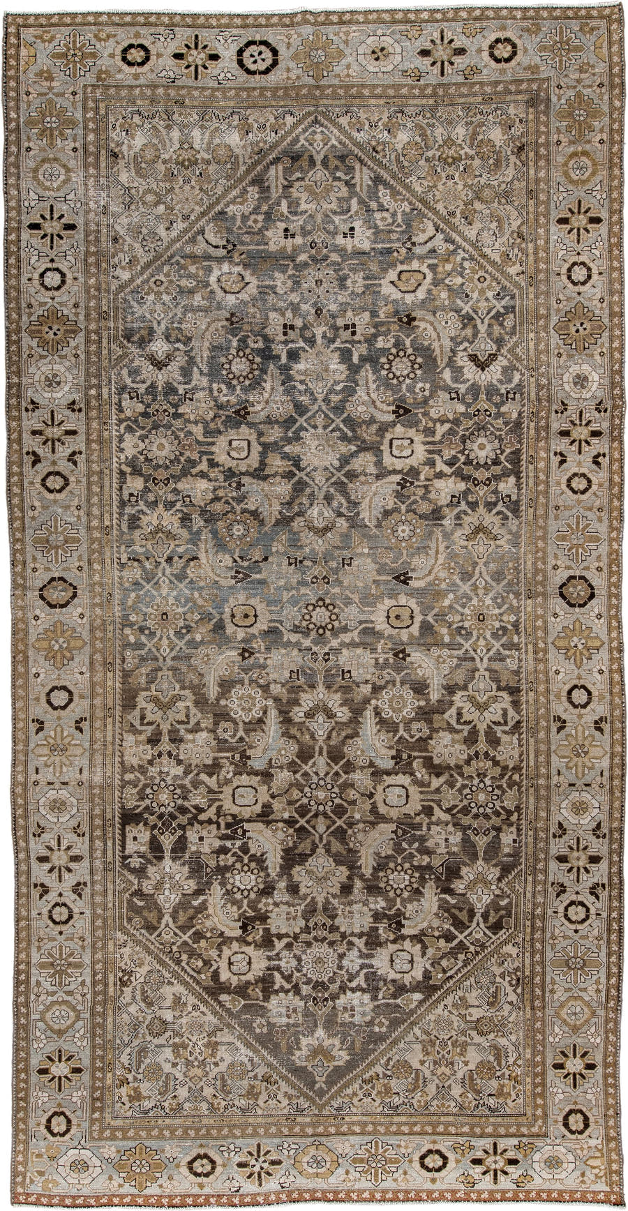 6' x 13' one-of-a-kind handmade antique Malayer large size rug. Color palette: charcoal, ivory, taupe, camel, beige, brown