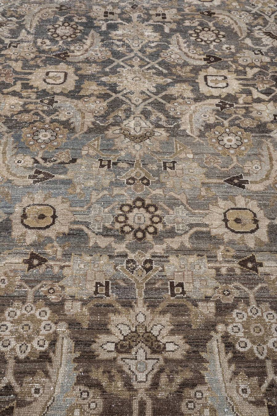 6' x 13' one-of-a-kind handmade antique Malayer large size rug. Color palette: charcoal, ivory, taupe, camel, beige, brown