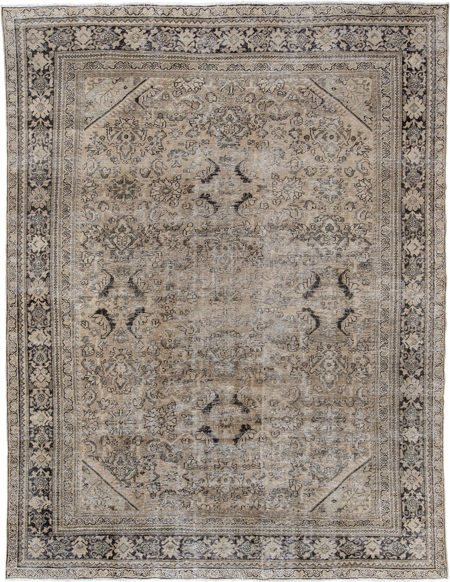 8' x 11' one-of-a-kind handmade antique Mahal large size rug. Color palette: taupe, ivory, charcoal, beige, gray, camel