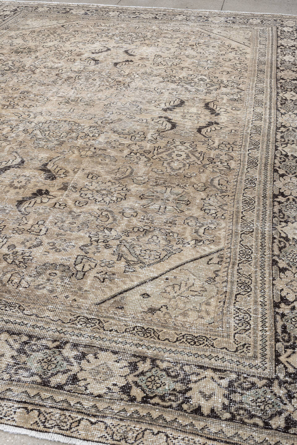 8' x 11' one-of-a-kind handmade antique Mahal large size rug. Color palette: taupe, ivory, charcoal, beige, gray, camel