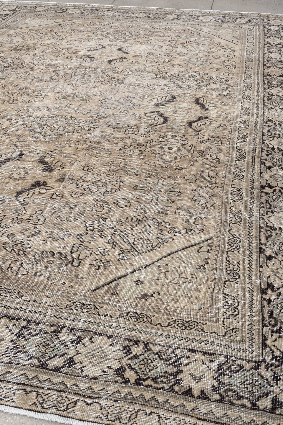 8' x 11' one-of-a-kind handmade antique Mahal large size rug. Color palette: taupe, ivory, charcoal, beige, gray, camel