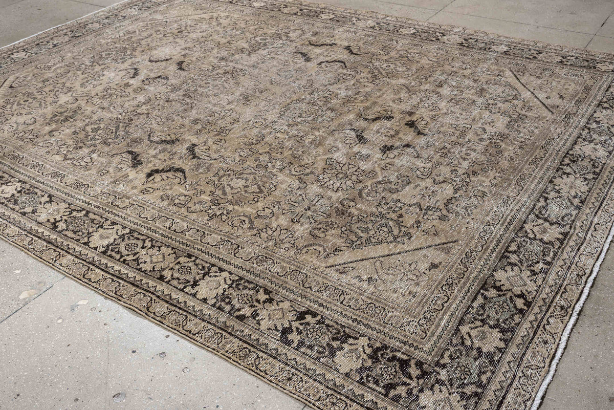 8' x 11' one-of-a-kind handmade antique Mahal large size rug. Color palette: taupe, ivory, charcoal, beige, gray, camel