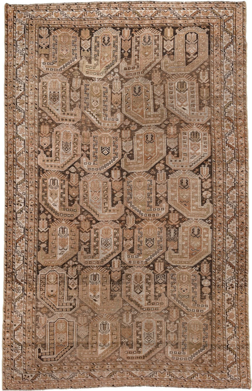 6' x 9' one-of-a-kind handmade antique Shiraz medium size rug. Color palette: camel, taupe, ivory, dark brown, tan, beige