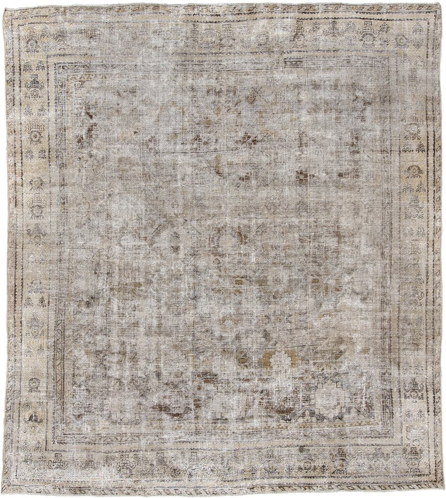 8' x 9' one-of-a-kind handmade antique Mahal large size rug. Color palette: ivory, taupe, beige, charcoal, camel, brown