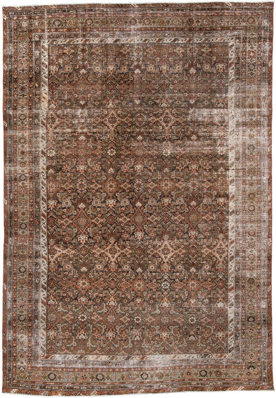 7' x 10' one-of-a-kind handmade antique Malayer large size rug. Color palette: walnut brown, rust, ivory, charcoal