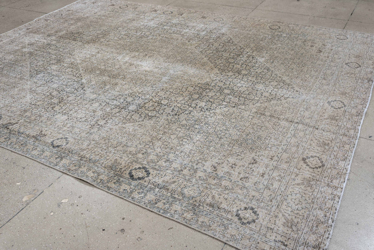 8' x 10' one-of-a-kind handmade antique Tabriz large size rug. Color palette: ivory, taupe, charcoal, gray, beige, cream