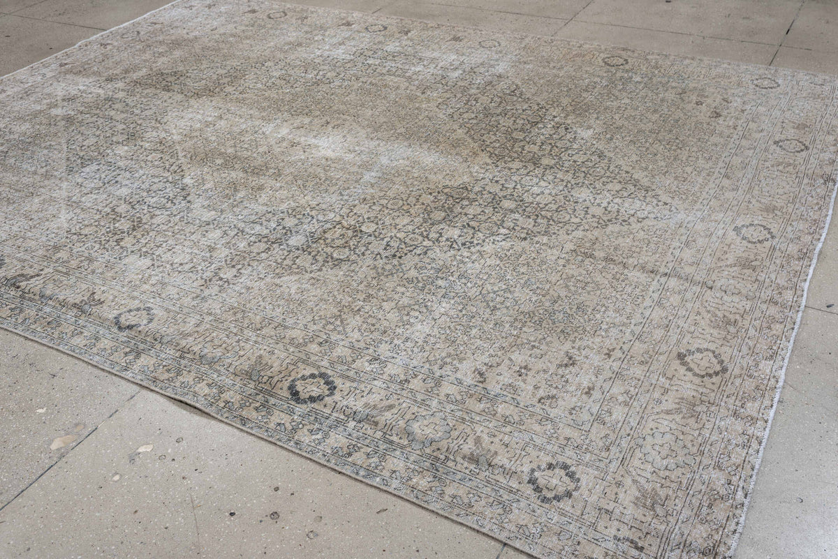 8' x 10' one-of-a-kind handmade antique Tabriz large size rug. Color palette: ivory, taupe, charcoal, gray, beige, cream