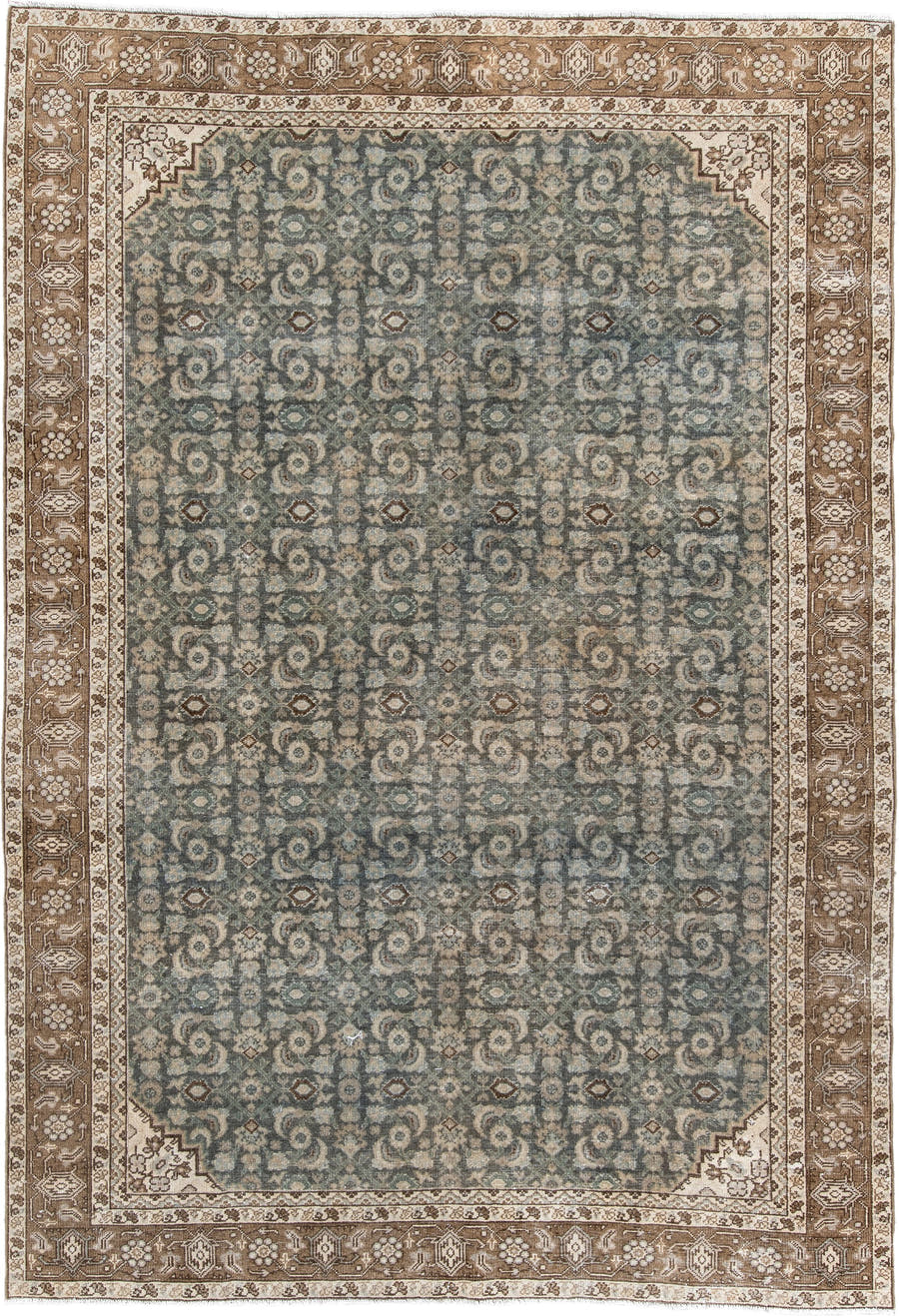 7' x 10' one-of-a-kind handmade antique Tabriz large size rug. Color palette: blue gray, taupe, ivory, charcoal, brown, sage